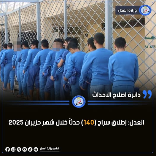 العدل: إطلاق سراح (140) حدثاً خلال شهر حزيران 2025