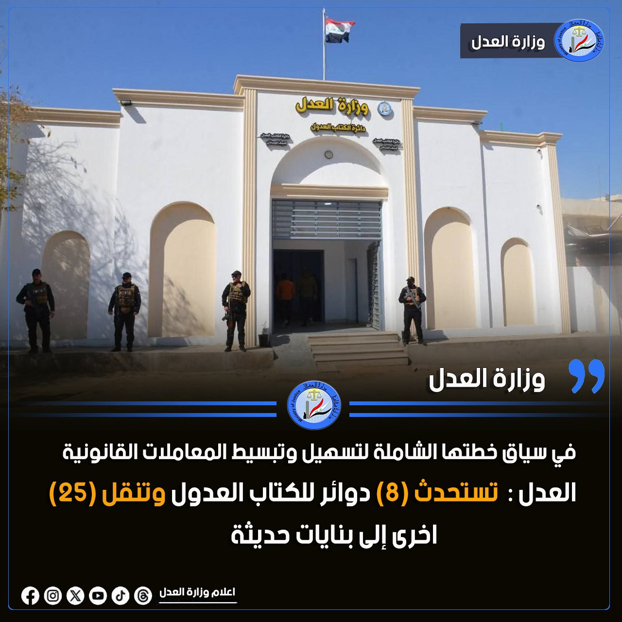 في سياق خطتها الشاملة لتسهيل وتبسيط المعاملات القانونية ٠٠ العدل: تستحدث (8 دوائر للكتاب العدول وتنقل (25) اخرى إلى بنايات حديثة