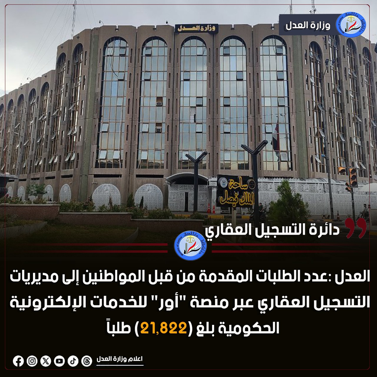 في إطار توجه الوزارة نحو التحول الرقمي ...العدل:عدد الطلبات المقدمة من قبل المواطنين إلى مديريات التسجيل العقاري عبر منصة 