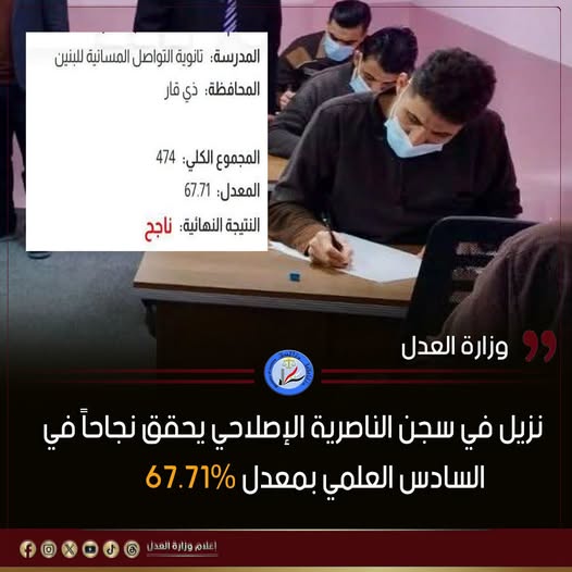نزيل في سجن الناصرية الإصلاحي يحقق نجاحاً في السادس العلمي بمعدل 67.71%
